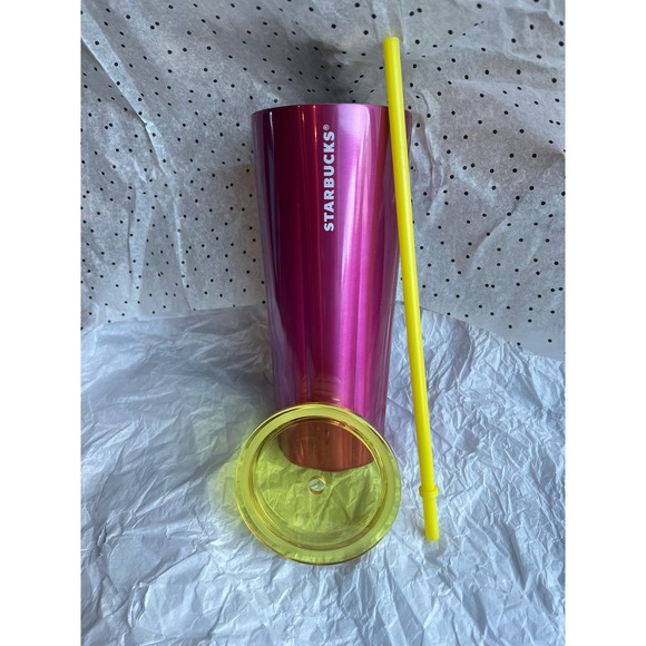 New Starbucks 2023 Venti SS Cold Cup Petunia Pink w/ Yellow Lid & Straw - Picture 4 of 8
